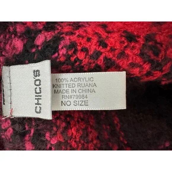 Chico's Plaid Blanket Shawl Fray Trim Fringe Ruana Wrap Poncho Knit Sweater OS